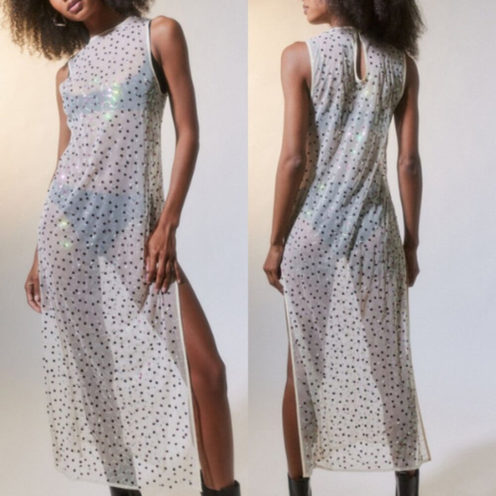 NWT Urban Outfitters UO Women's Hunter Sheer Sequin Midi Dress in Sand Sable XS